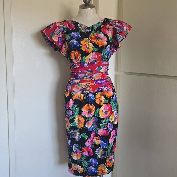 Vtg.1980s Floral Ruched Bodice Dress, Blk/Red Reverse Floral Prt. Ruffle Slv, S - Picture 1 of 7